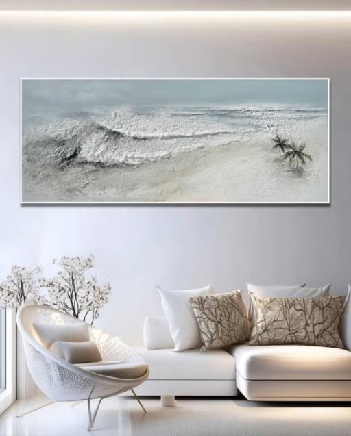 Strand en zee schilderij met palm - 60x150cm - XXL – schilderijen tekeningen, Canvas