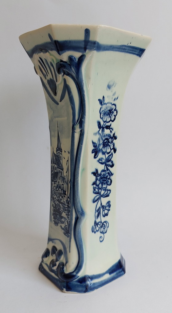 Image 1 of Delft hand painted blue and white pottery octagonal shaped vase 