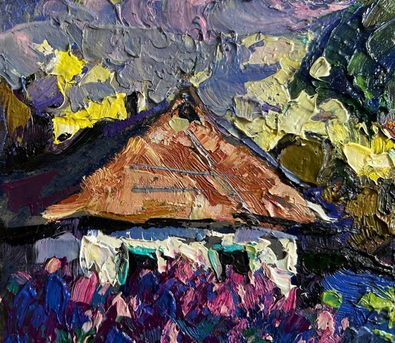 Image 1 of Original Oil Painting Summer Village Landscape In the evening I watch the lilacs