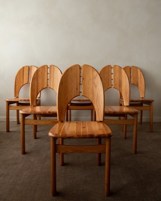 Skandinavische Esszimmerstühle aus Kiefernholz im Brutalismus-Stil, 1970er Jahre, 6er-Set