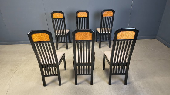 Image 1 of Chaises de salle à manger vintage en loupe de bois et laque, années 1980