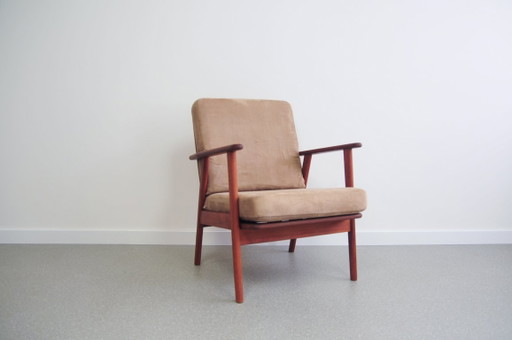Deense Teakhouten Fauteuil Beige Bekleding