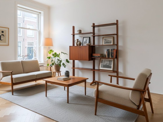 Image 1 of Meuble mural modulaire en teck des années 1950 avec bar rabattable