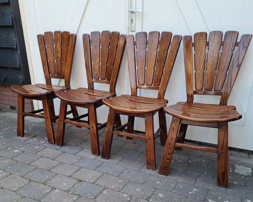 4 x Brutalistische Eichenstühle – eetkamerstoelen, Wood