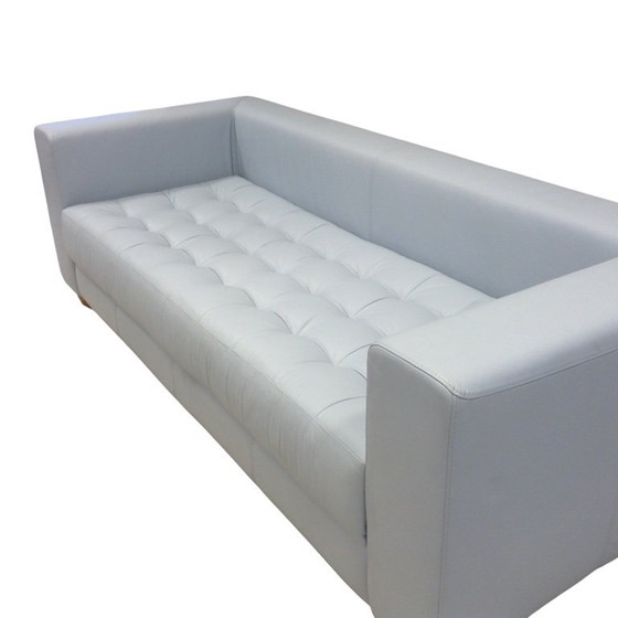 Image 1 of Licht blauw leren kubist bank met gecapitoneerde vaste matraszitting 230 cm raza