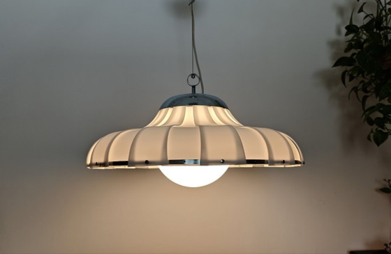 Image 1 of Vintage XL Meblo Pendant Light / Rare Meblo Guzzini Ceiling Light / White Acrylic Light/ Mcm Lightning / Big Hanging Light 