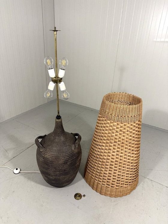 Image 1 of Large pottery floor lamp with rattan shade 1960's