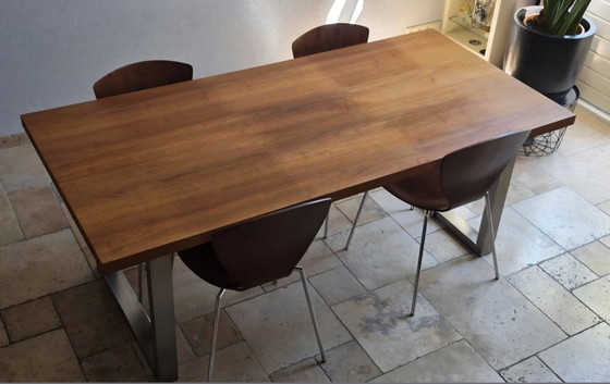 Teak Dining Table With Metal Base (200cmx95cmx76cm) – rvs, Wood (photo 4 of 6)
