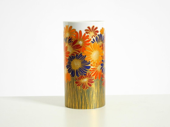 Image 1 of Beautiful 1980s porcelain vase by Rosemonde Nairac for Rosenthal Studio-Linie, featuring colorful daisies