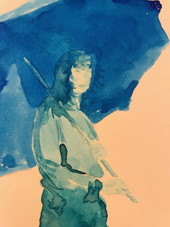 Image 1 of Gesigneerd schilderij blauw aquarel vrouwenportret "weekend in Honfleur".