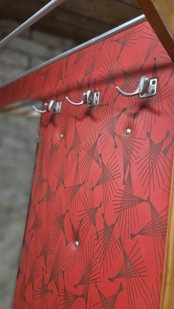 Image 1 of Vintage 1950s/60s Wall-Mounted Coat Rack – Red and Wood Rockabilly Design Cloakroom