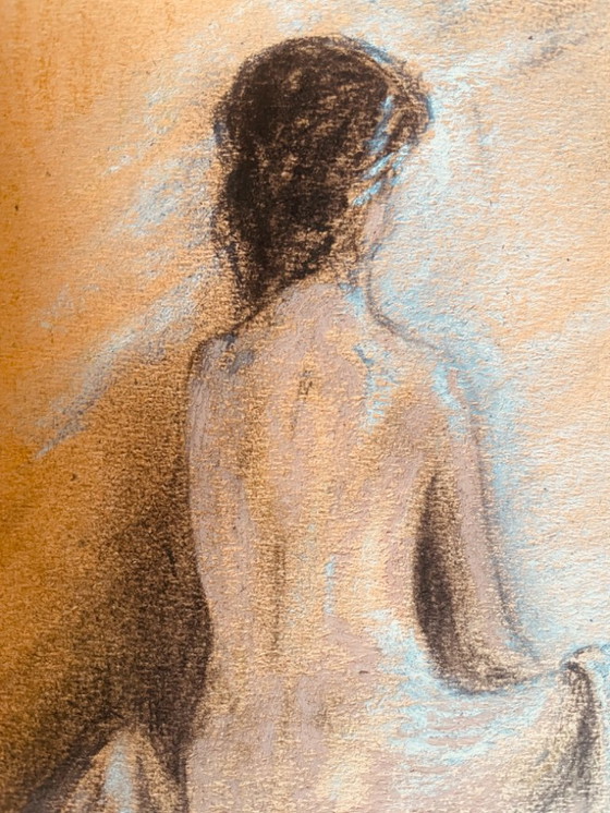 Image 1 of Pastel painting "female portrait from behind in a white drape"
