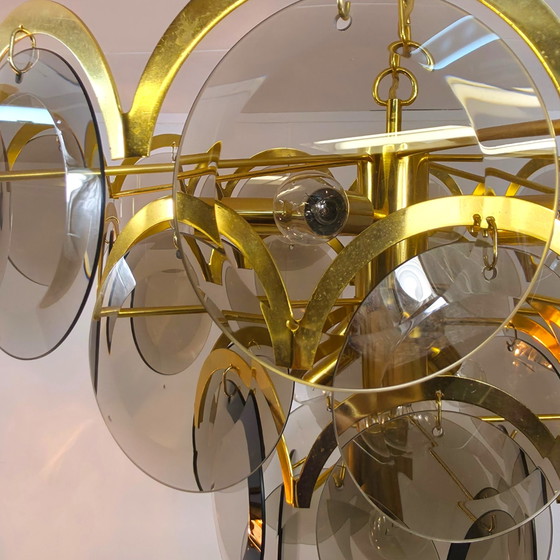 Image 1 of Vistosi XL Kronleuchter, Rauchglas, Messing, italienisches Design der 70er Jahre