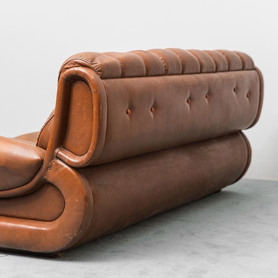 Image 1 of DIVANO VINTAGE A 3 POSTI IN PELLE MARRONE DEGLI ANNI '70, MODERNIZZATO
