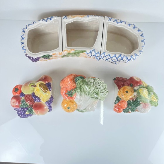 Image 1 of Panier en faïence trois pièces avec couvercles pour fruits et légumes, style majolique italienne, années 1980