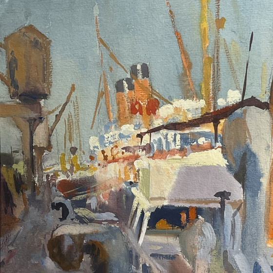 Jules Van De Leene, Paquebot au quai, années 1920, Gouache – Peintures et dessins, Paper, Wood, Art Deco (photo 6 of 11)