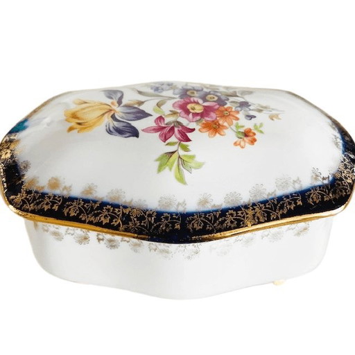 Vintage Schmuckkästchen aus Porzellan von PM Martinroda mit Blumen und Goldverzierungen, 1950er Jahre