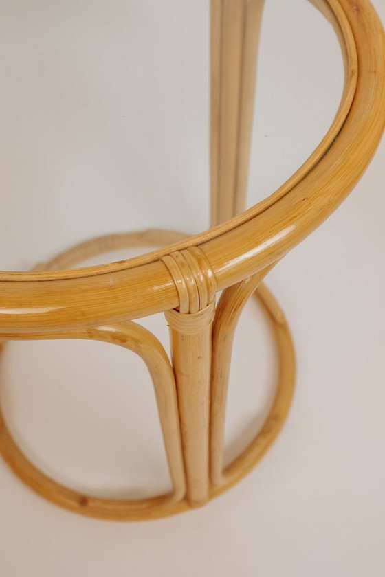 Image 1 of Vintage round bamboo side table with glass top