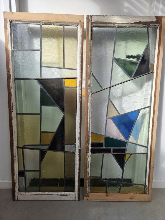 Set of antique Art Deco stained glass windows 50x130 cm., Decorative Objects, Metal, Wood, Multi Color (photo 13 of 14)