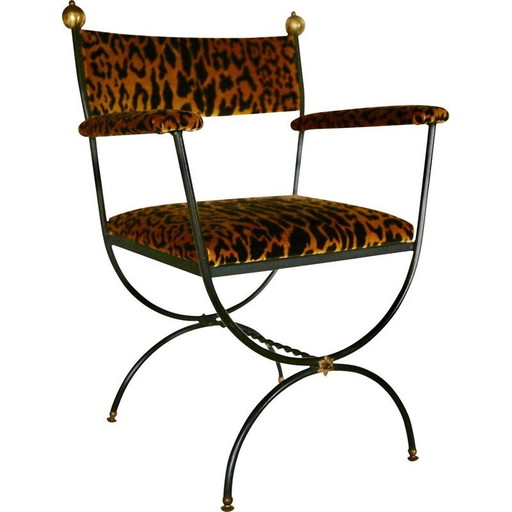 Vintage Curule stoel in luipaardzijde fluweel uit de jaren 60