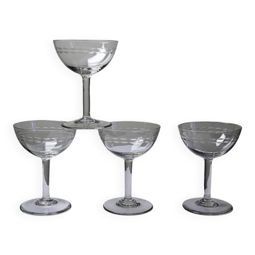 4 large engraved champagne glasses, Art Deco style from .