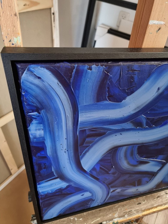 Image 1 of Frances Eckhardt - 50x50 cm handgeschilderd abstract blauw schilderijtje ingelijst