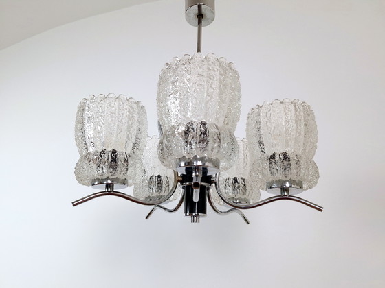 Image 1 of Vintage Pendant Crystal Light, Mid-Century Chandelier, Emi Poljcane with Five Crystal Lampshades