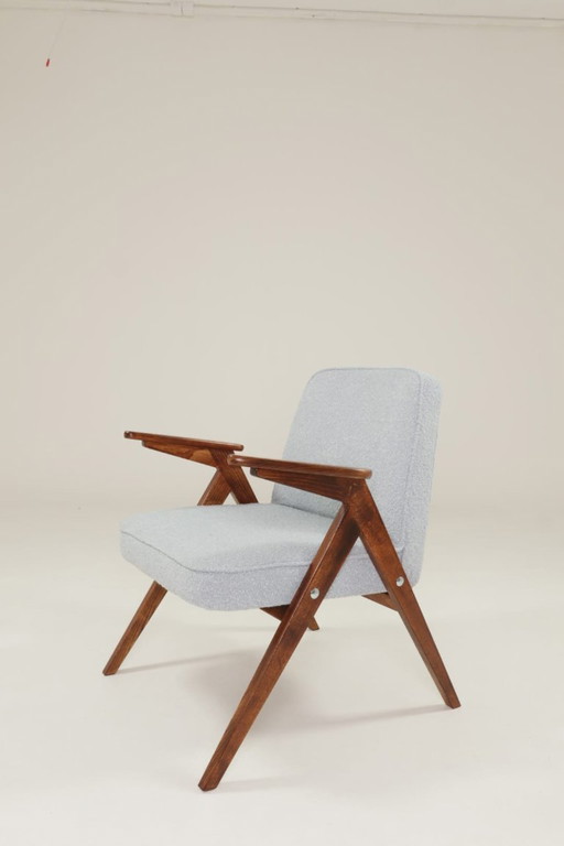 Vintage lounge stoel Bouclè Baby Blauw Donker Notenhout, 1960 Scandinavisch ontwerp