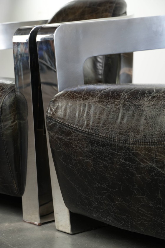 Industrial set of two black cowhide Aviator design armchairs with aluminium and rivets – Leather (photo 13 of 14)