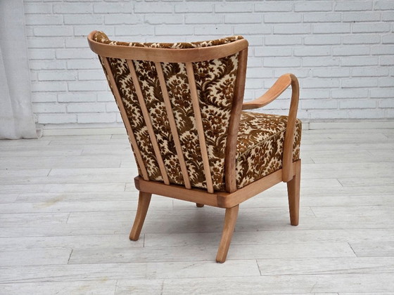Image 1 of Années 1960, design danois d'Alfred Christensen, fauteuil, modèle 177, velours d'ameublement, bois rénové.