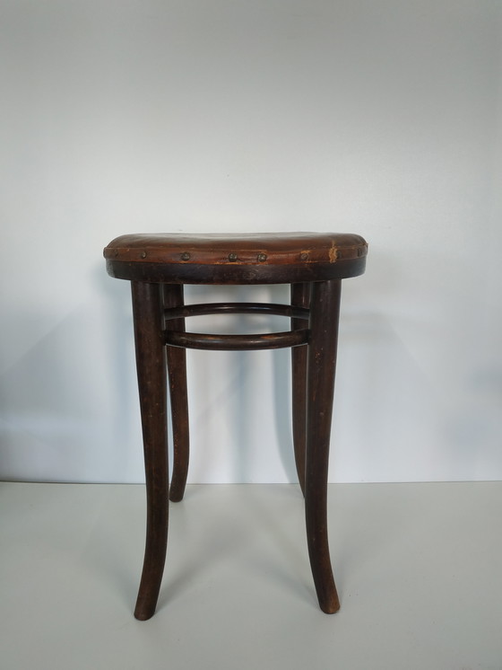 Image 1 of Vintage Antieke Thonet Kruk Stool (Webbing/Leer)