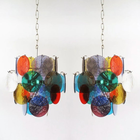 Image 1 of Vintage Murano glazen kroonluchter van Vistosi met 4 veelkleurige lampen, Italië 1980