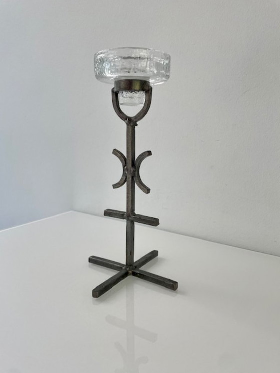 Image 1 of Rare vintage Brutalist candlestick – wrought iron & glass