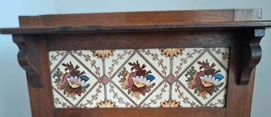 Image 1 of Unique Antique Victorian Oak Hall Stand - Umbrella & Stick Stand with original Floral Tiles