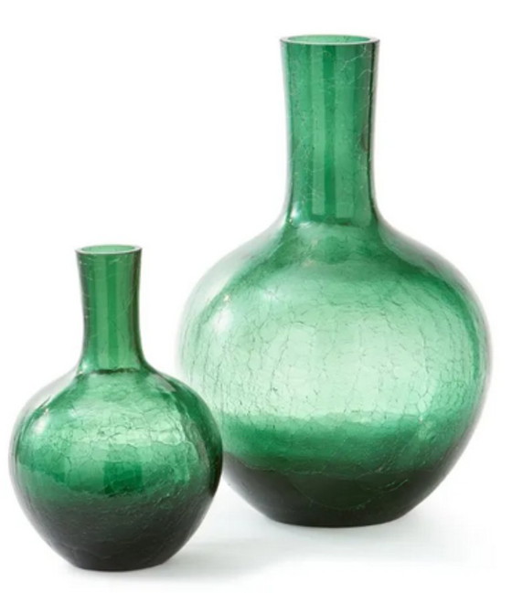 Image 1 of WOLSPOTTEN: 2 * Crackled Glass Ball Body Vases: L and S green