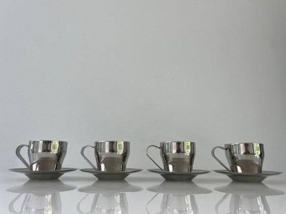 Image 1 of Set of 4 stainless steel espresso cups with saucers