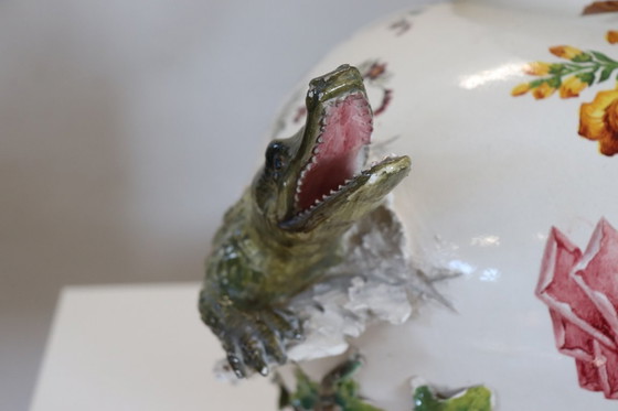 Image 1 of Majestic Ceramic Vase with Eagle and Crocodile, Italy Early 20th Century