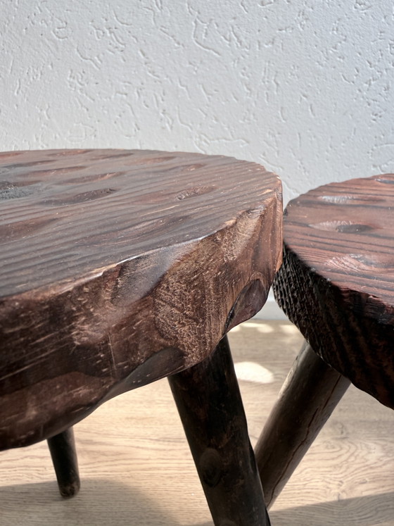 Image 1 of Set of 2 Vintage Brutalist Three-legged Stools / Tabourets – 1950s/1960s
