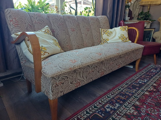 Image 1 of Vintage Scandinavische bank – gebogen houten armleuningen – jaren 50/60