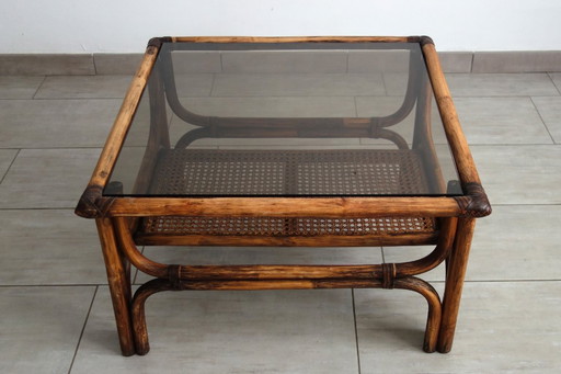 Vintage salontafel van bamboe, rotan en leer uit de jaren 60.