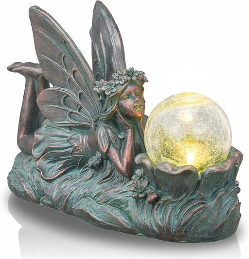 TERESA'S COLLECTIES Grote Bronzen Sprookjestuin Tuindecoratie, Met Zonne-verlichting, Waterdichte Hars Engel Tuinbeelden, Gebars