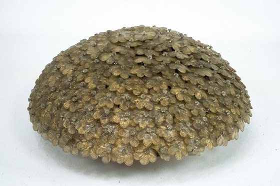 Image 1 of Lampe de plafond Seguso, très grande, à fleurs en verre de Murano doré, style milieu du siècle, Italie, années 1940