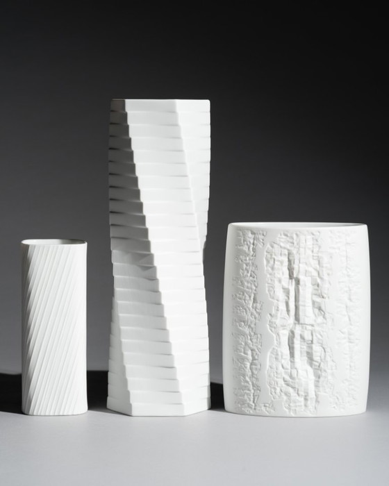 Image 1 of Rosenthal Bisque Porcelain Vase Trio Schreib, Freyer & XL “Pisa” Germany 70s-80s