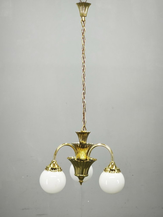 1930s Czechoslovak Art Deco Brass And Opaline Glass Chandelier (photo 14 of 14)