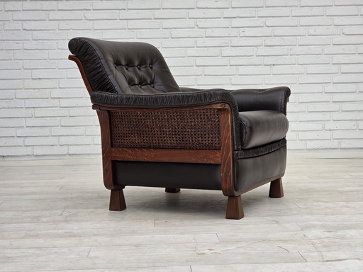 1970s Scandinavian Armchair, Brown Furniture Leather, Teak Wood Legs