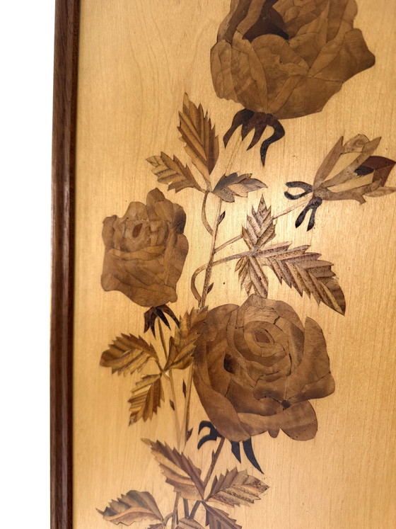 Image 1 of Vintage houten handwerk schilderij met rozen ‘60