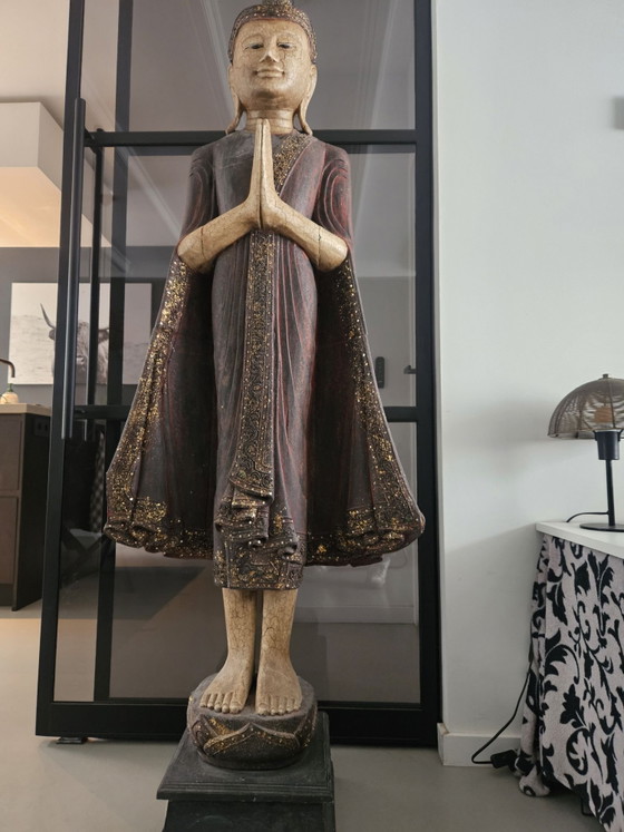 Monumental Old Burmese Mandalay Buddha Teak Wood 177 cm, Decorative Objects, Multi Color (photo 7 of 14)
