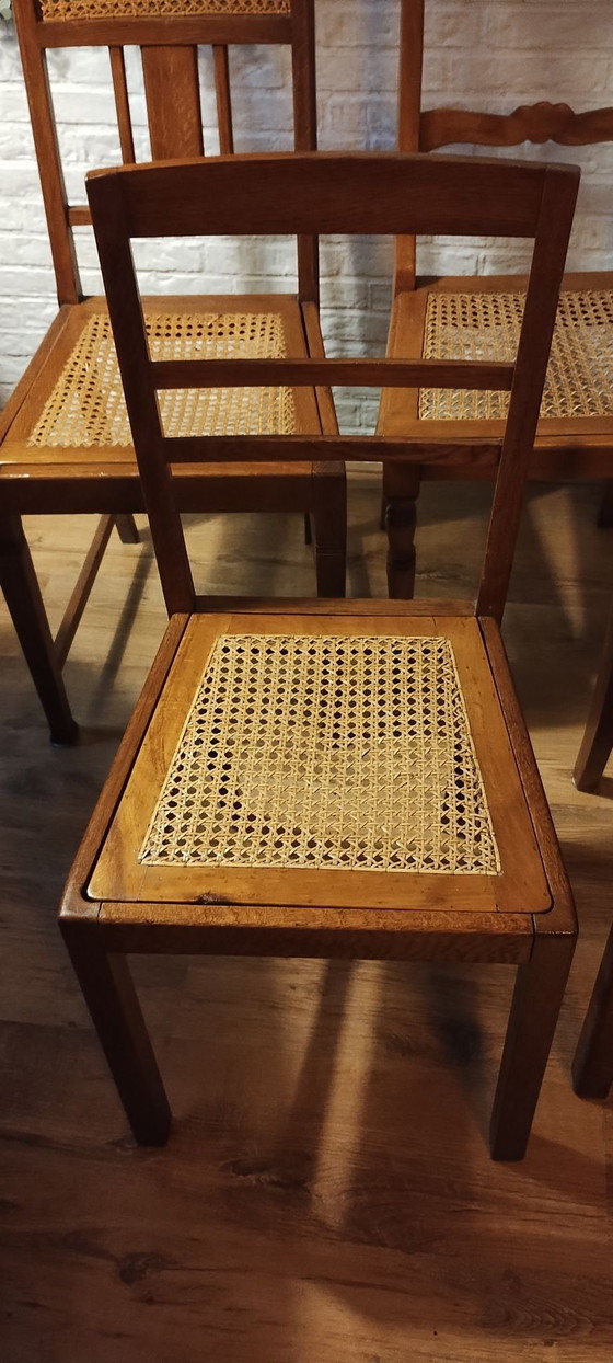 4 vintage eetkamerstoelen met webbing, Hout, Bruin (foto 12 van 13)