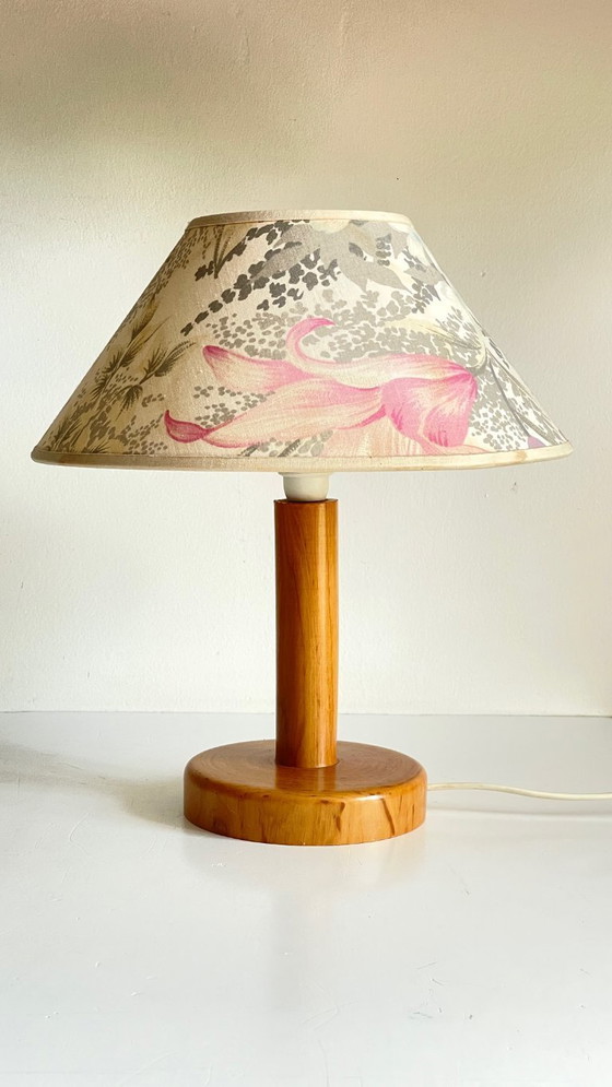 Image 1 of Vintage Pine Lamp with Floral Shade