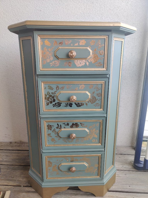 Semainier / Chiffonnier vintage rénové – Vert Sauge & Dorures florales